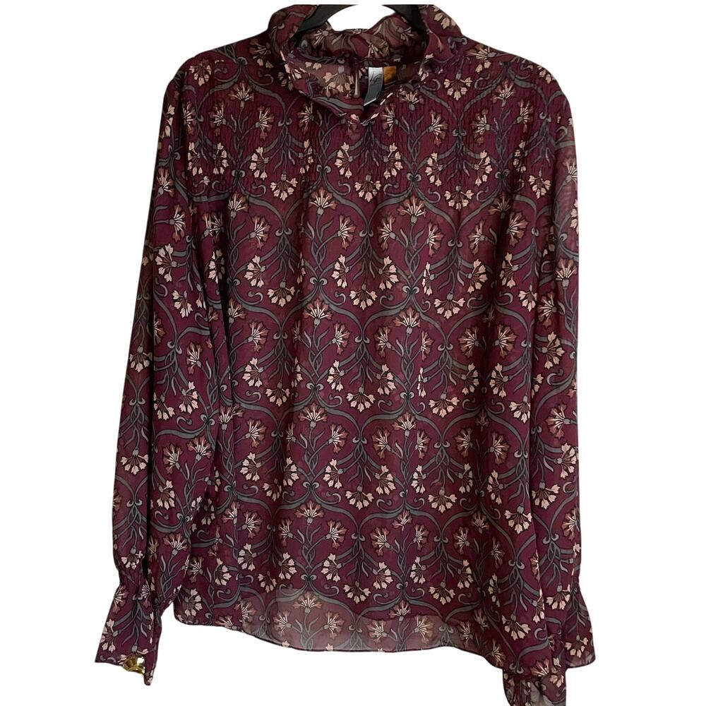 Lane Bryant Sheer Blouse Sz 20 Ruffle Neck Smocked Bodice Floral Burgundy